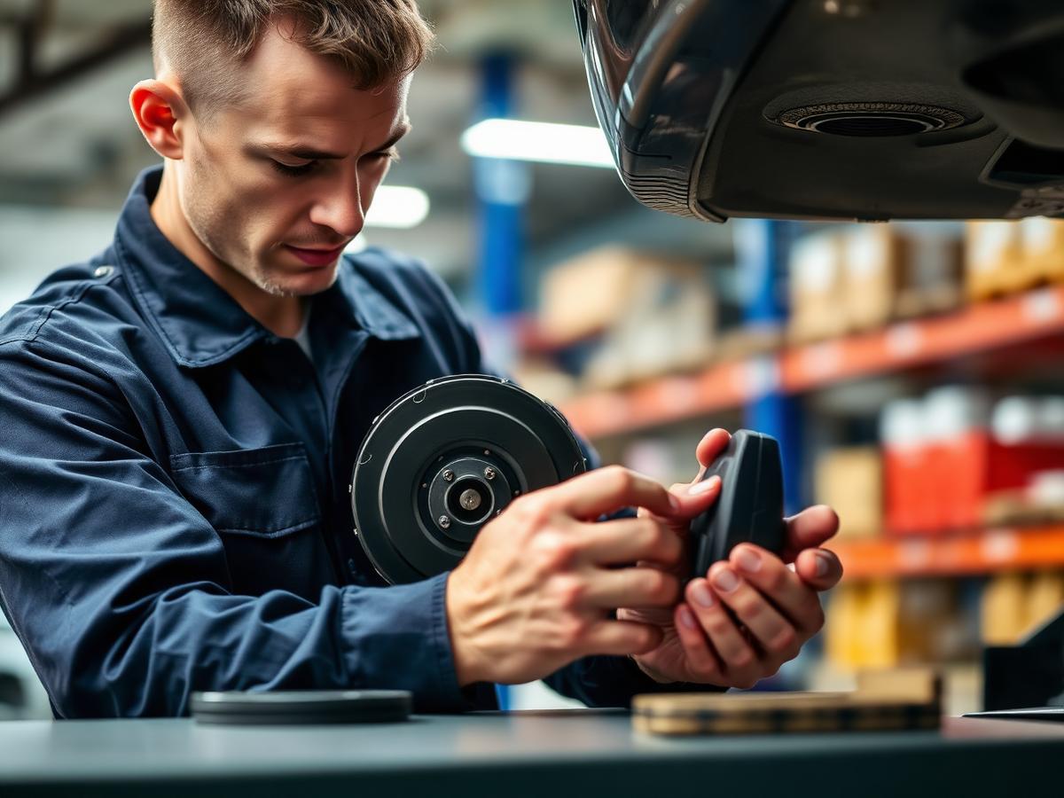 Mechanic inspecting a component at a parts counter